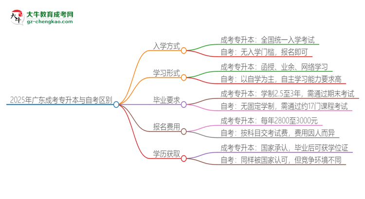 2025年廣東成考專升本和自考有什么區(qū)別？思維導(dǎo)圖