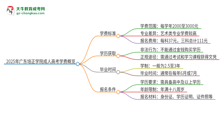 2025年廣東培正學院成人高考一年學費要多少？思維導圖