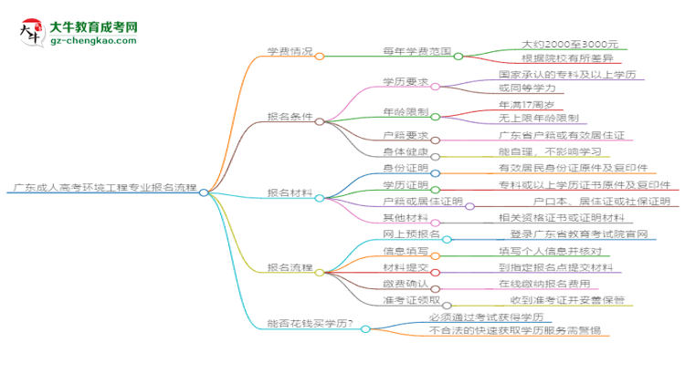 廣東成人高考環(huán)境工程專(zhuān)業(yè)2025年報(bào)名流程思維導(dǎo)圖