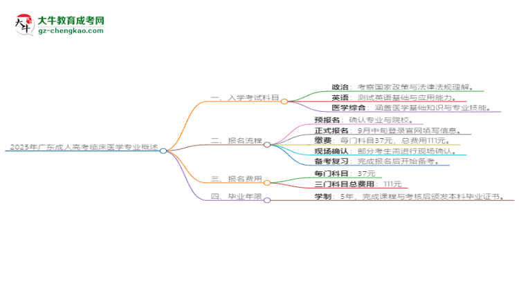 2025年廣東成人高考臨床醫(yī)學(xué)專業(yè)入學(xué)考試科目有哪些？思維導(dǎo)圖