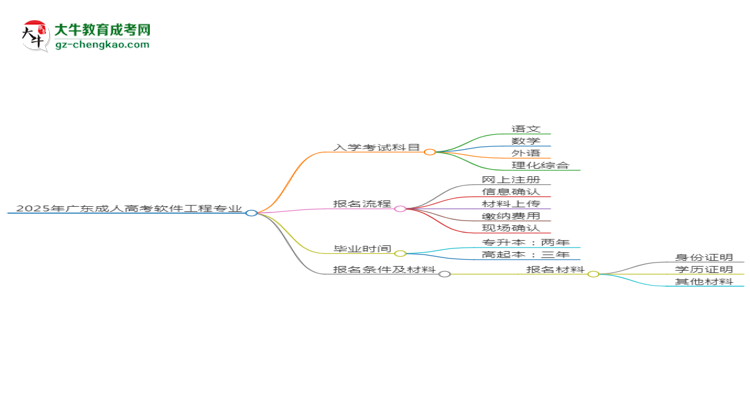 2025年廣東成人高考軟件工程專業(yè)入學考試科目有哪些？思維導圖