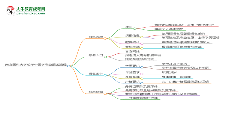 南方醫(yī)科大學(xué)成考中醫(yī)學(xué)專(zhuān)業(yè)2025年報(bào)名流程思維導(dǎo)圖