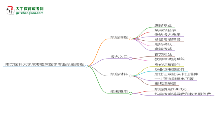 南方醫(yī)科大學(xué)成考臨床醫(yī)學(xué)專(zhuān)業(yè)2025年報(bào)名流程思維導(dǎo)圖