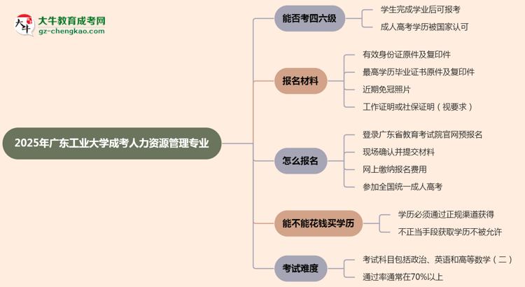 廣東工業(yè)大學(xué)2025年成考人力資源管理專業(yè)生可不可以考四六級？思維導(dǎo)圖