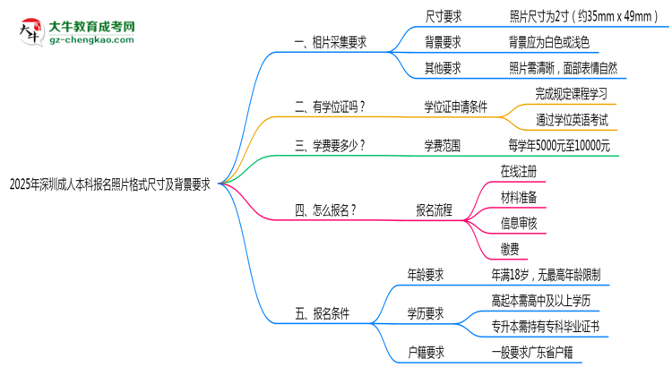 2025年深圳成人本科報名照片格式尺寸及背景要求思維導圖