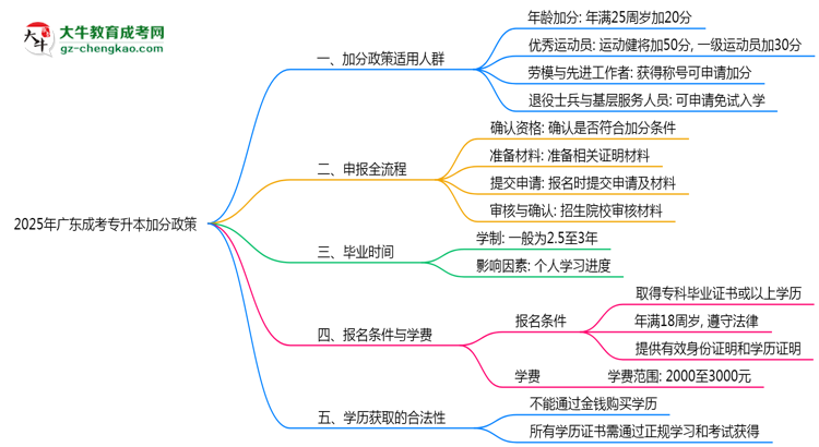 2025年廣東成考專升本加分政策適用人群與申報全流程思維導圖