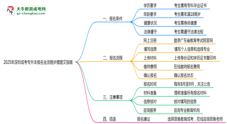 2025年深圳成考專升本報名全流程步驟圖文指南思維導圖